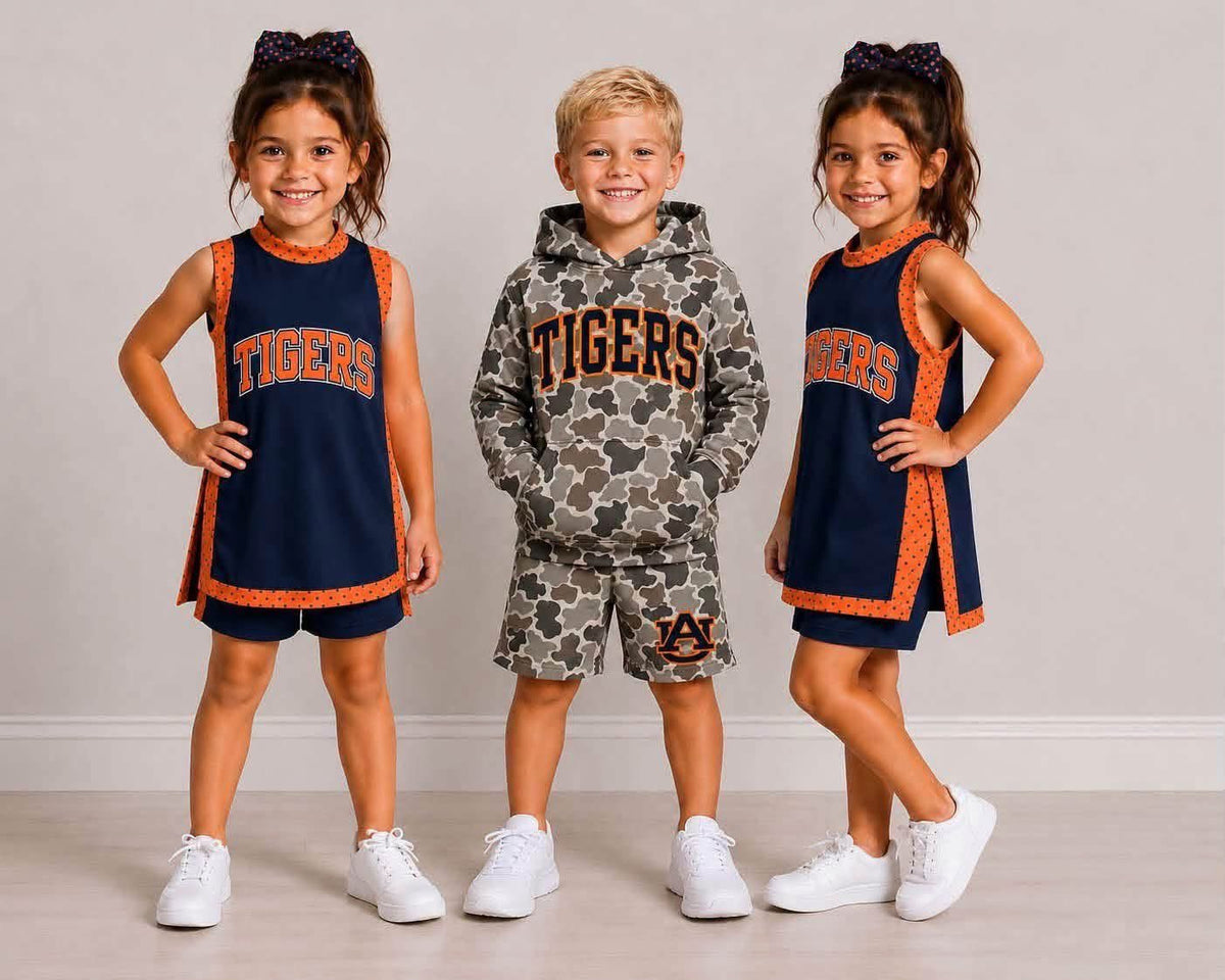 custom moq 5 mix size TLDS0104 Baby Kids Orange Black Letter Print Boys Camo Hoodie Shorts Set Girls Separate Shorts Sleeveless Split Tunic Short Team Sets