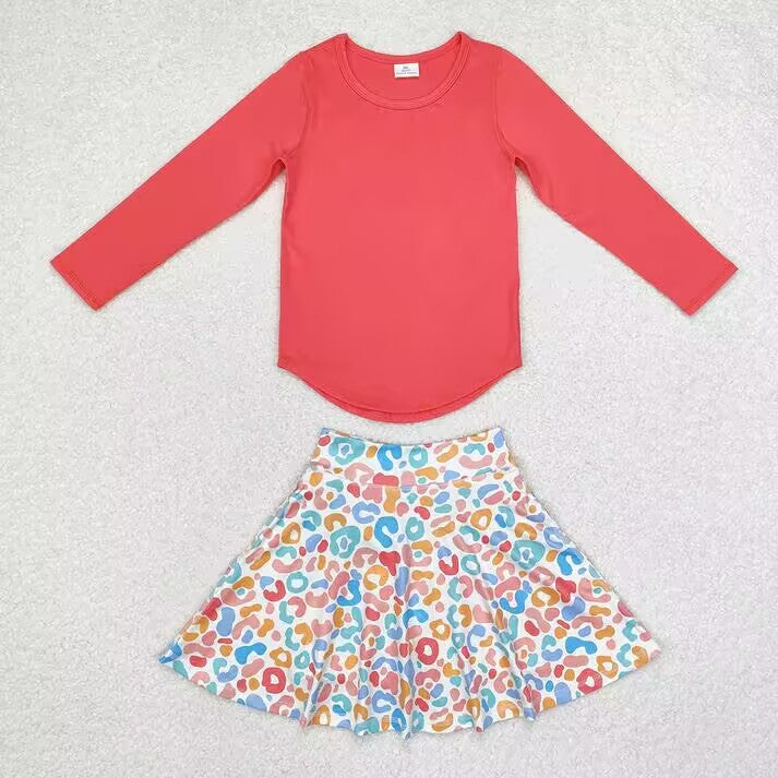RTS NO MOQ Solid color yoga top & colorful leopard print pants skirt set