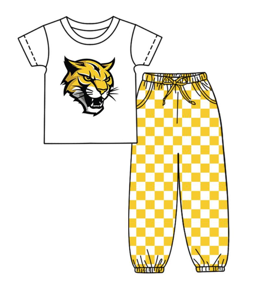 Custom summer teams baby boy clothes team yellow plaid short sleeve pants sets-25.8.22