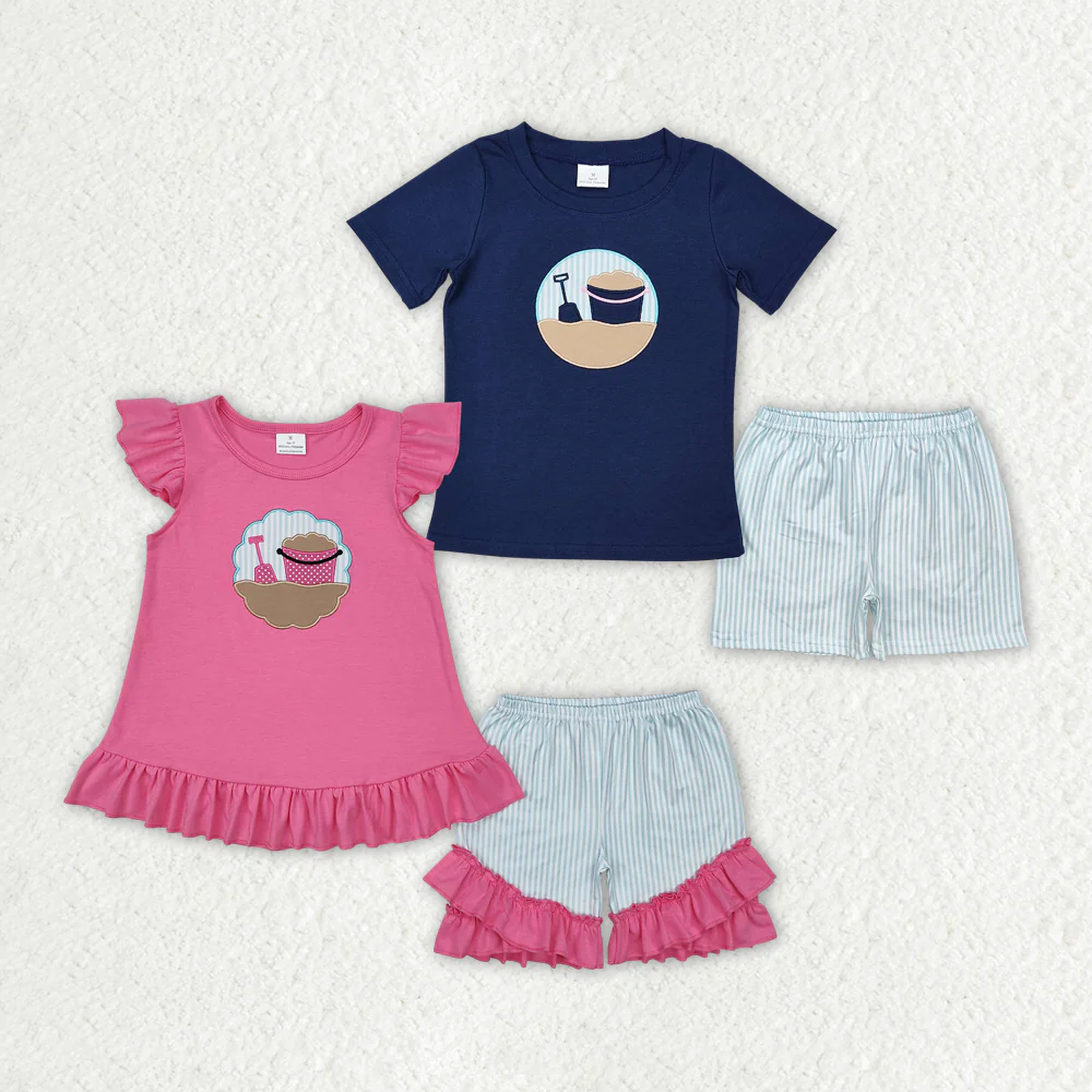 RTS NO MOQ baby girl clothes embroidery short-sleeved shorts suit & short-sleeved sets