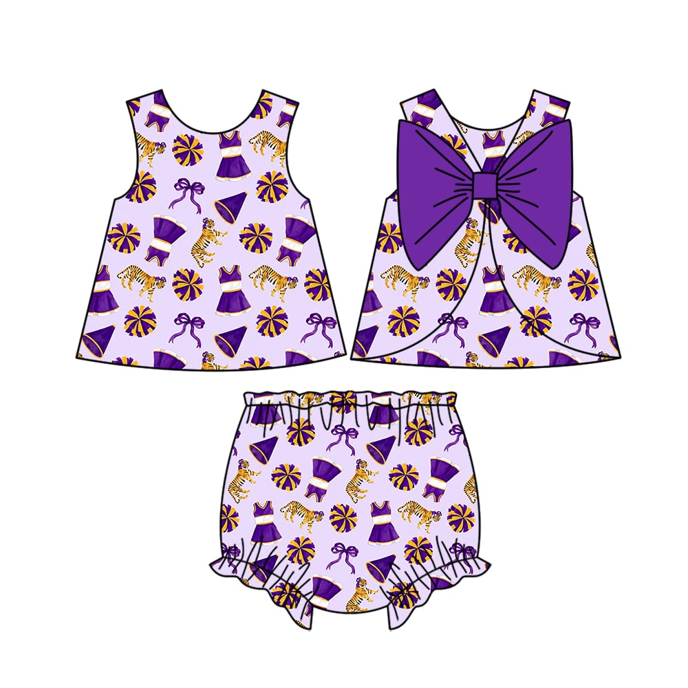 custom moq 5 mix size ATL062504 Baby Girls Purple Team Bow Print Bummie Sets Girls Athletic Wear