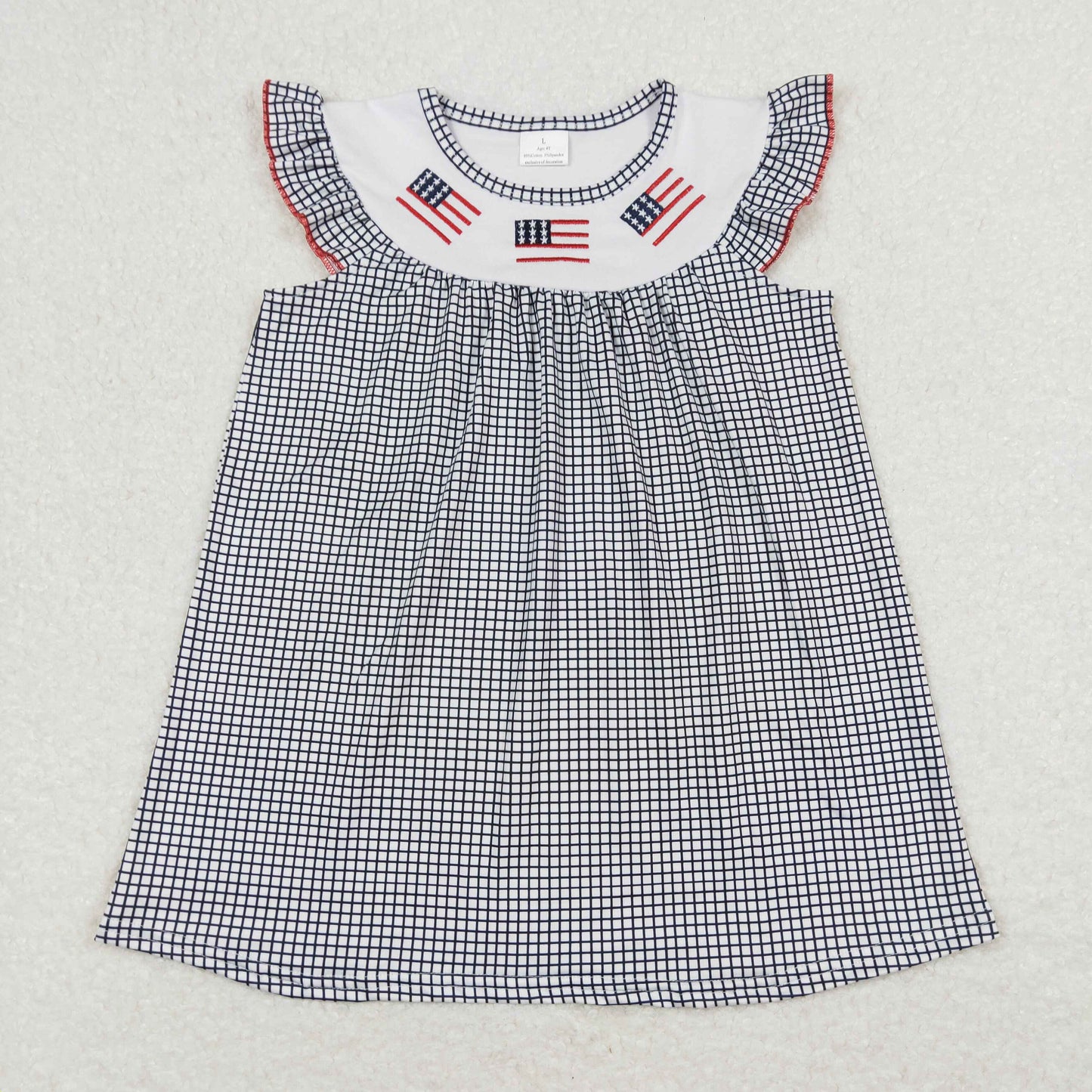 RTS NO MOQ（In Stock)  Embroidered flag black and white plaid flying sleeve dress