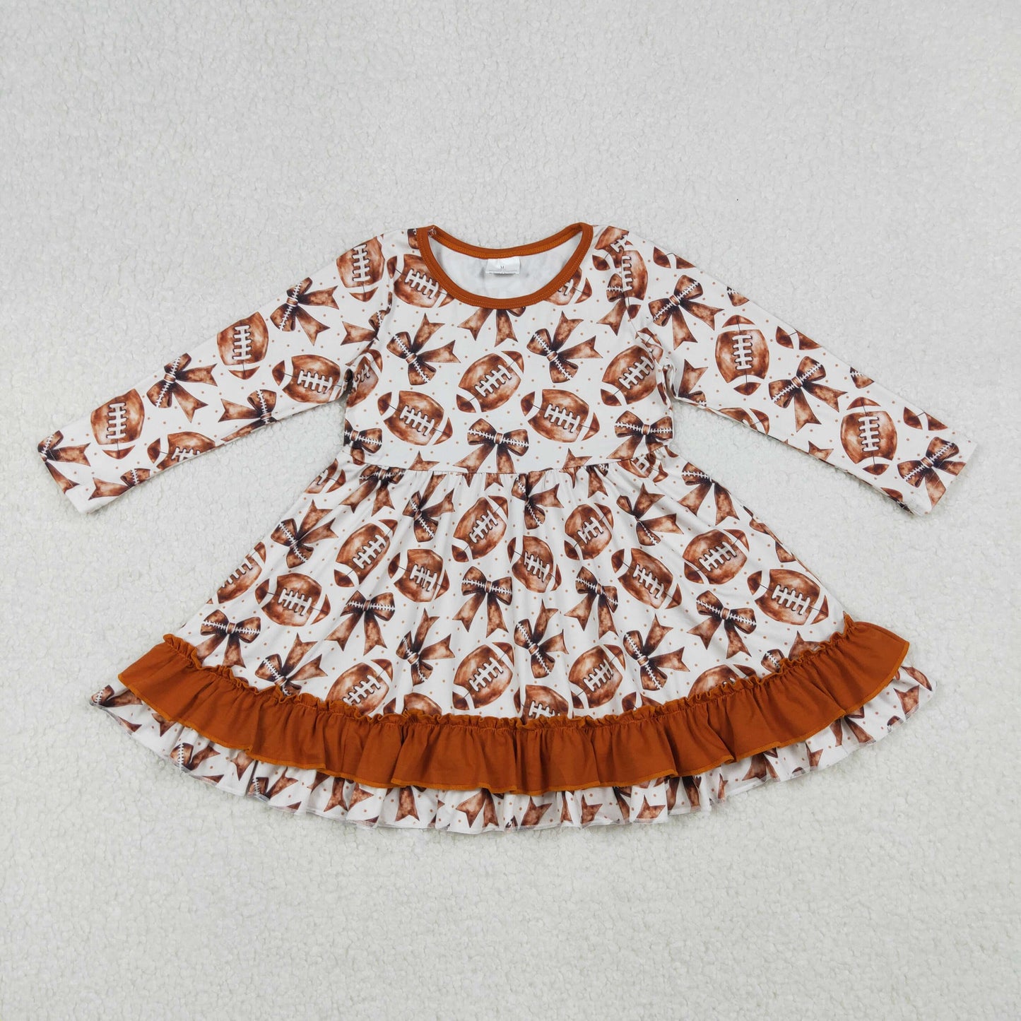 RTS NO MOQ（In Stock) GLD1268 Brown long-sleeved dress with rugby bow pattern and lace