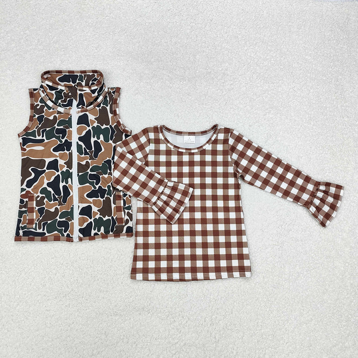 RTS NO MOQ Brown plaid long-sleeved top + camouflage sleeveless zipper vest two-piece set: Boys & Girls