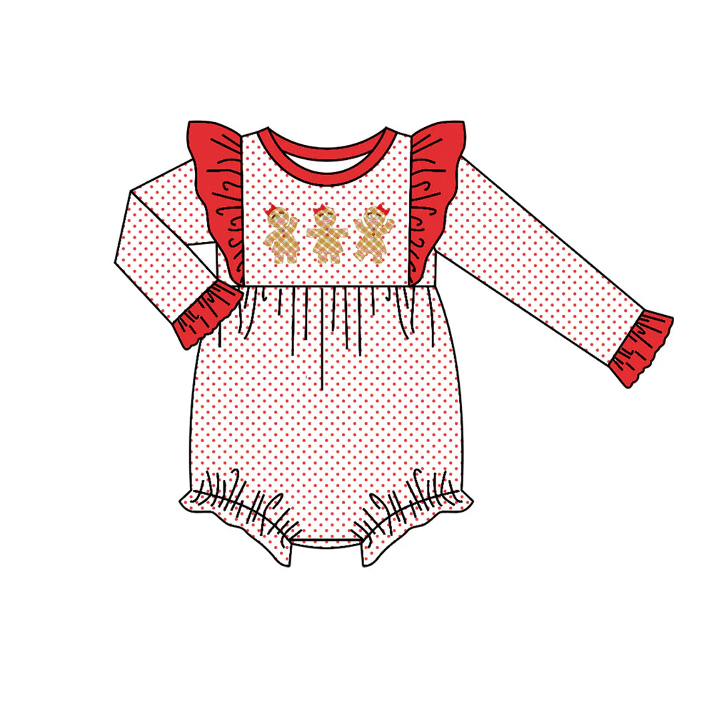 Deadline  October 2 custom no moq eta 6-8weeks Biscuit Bear pattern red polka dot long sleeve romper