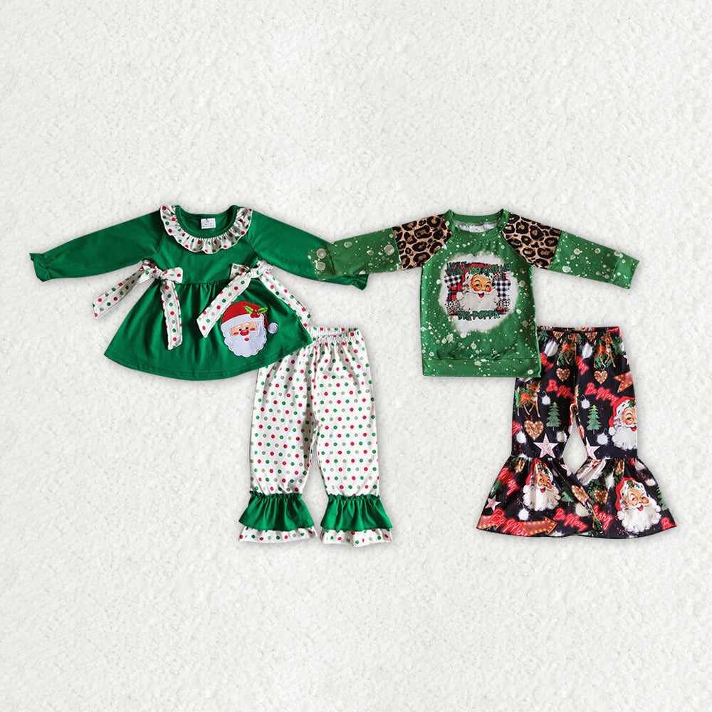 RTS NO MOQ GLP0163 GLP0321 Green long-sleeved suit with embroidered Santa Claus: Girls & Boys