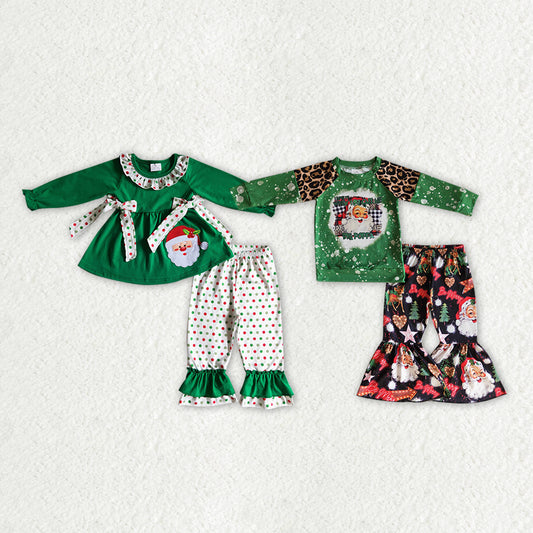 RTS NO MOQ GLP0163 GLP0321 Green long-sleeved suit with embroidered Santa Claus: Girls & Boys