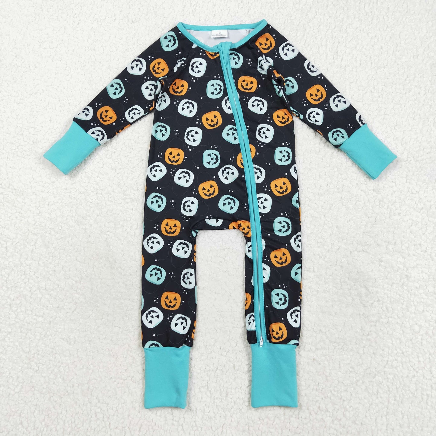 RTS NO MOQ（In Stock) LR2465 Halloween pumpkin black blue zipper long sleeve jumpsuit
