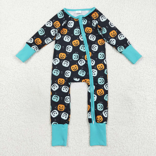 RTS NO MOQ（In Stock) LR2465 Halloween pumpkin black blue zipper long sleeve jumpsuit