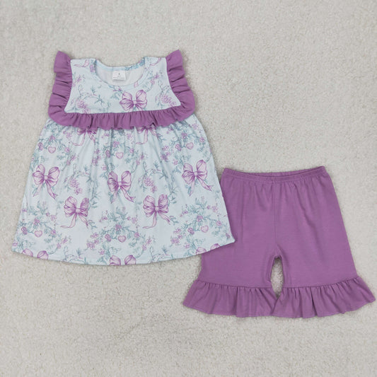 RTS NO MOQ ETA 5/7days Arrived GSSO2315 Blue sleeveless shorts set with purple bow pattern lace