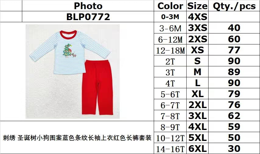 rts no moq BLP0772 Embroidered Christmas tree puppy pattern blue striped long-sleeved top with red pants set