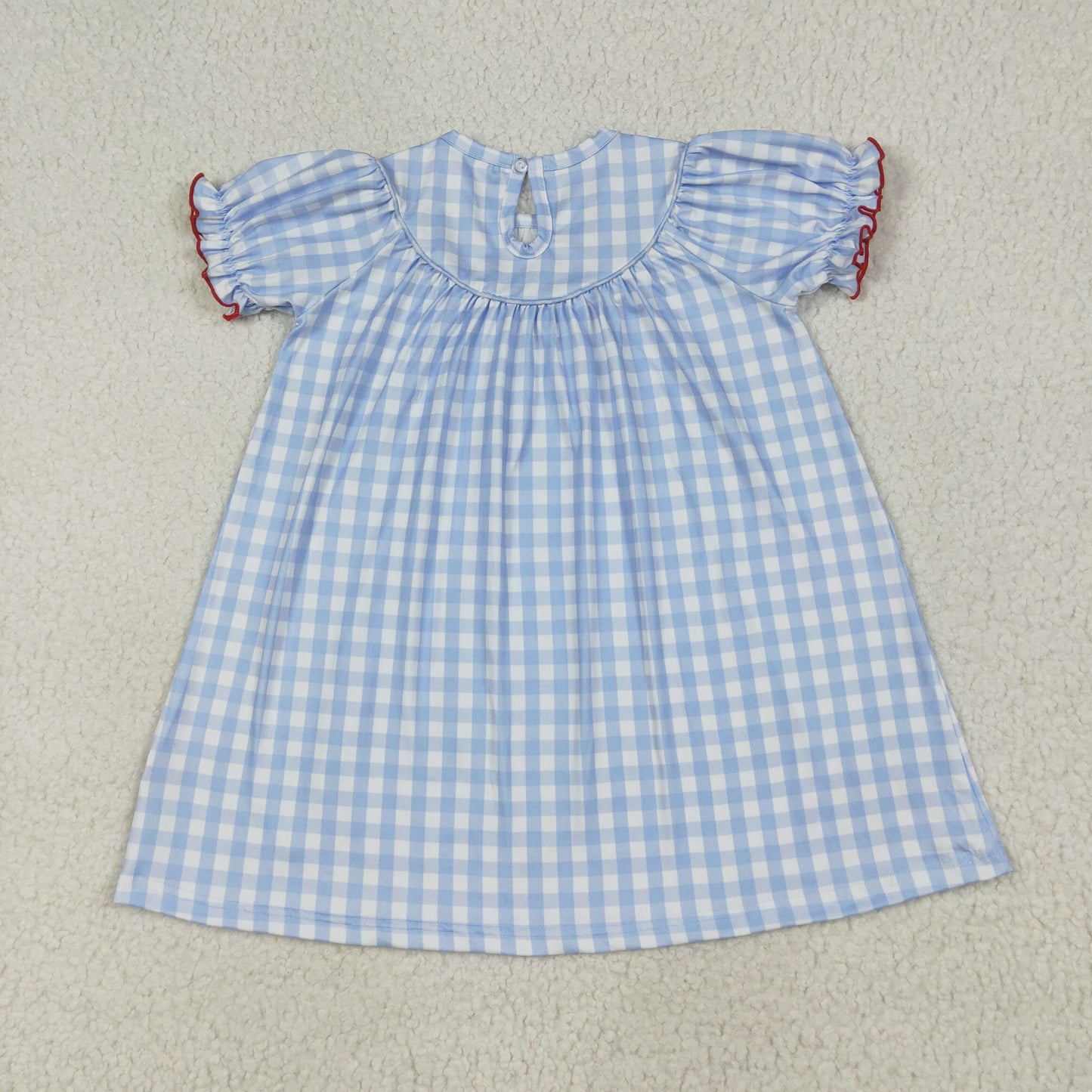 RTS NO MOQ（In Stock) GSD2275 Smocked embroidered farm blue and white plaid short-sleeved dress