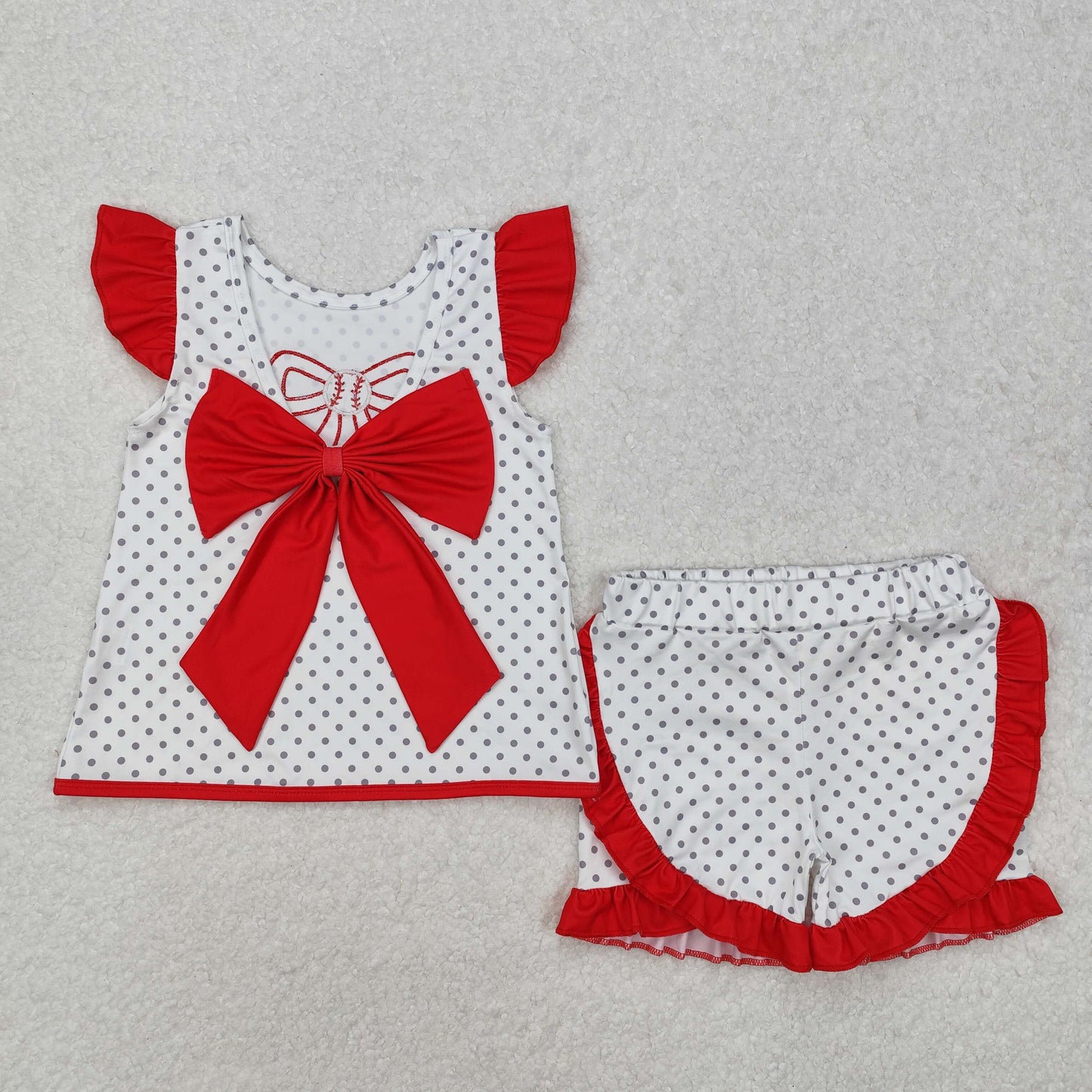 RTS NO MOQ（In Stock ) Embroidered baseball red bow polka dot white flying sleeve shorts set