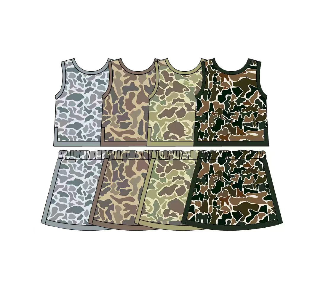 (Preorder new) No moq Baby Girls Camo Top Skirt Shorts Yoga Active Clothes Set