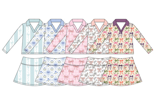 (Pre Order) No moq yoga fabric Baby Girls Floral Bow Print Long Sleeve Top Casual Yoga Skirt Set