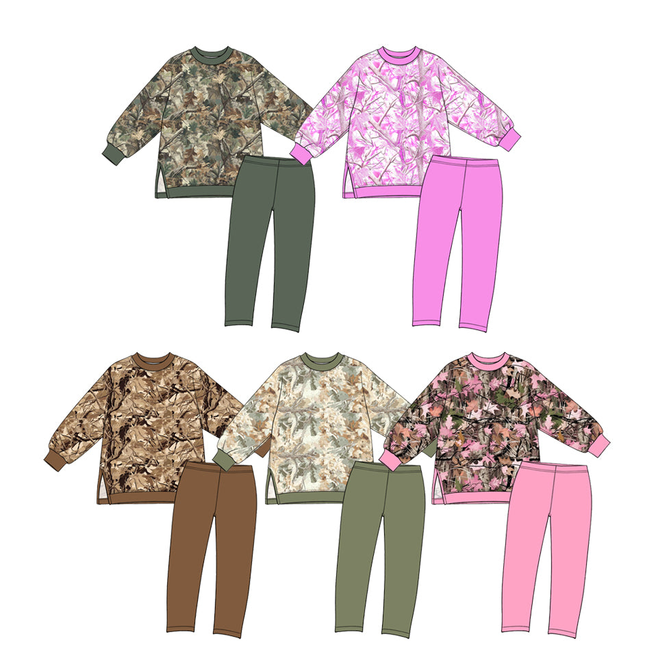 (Preorder new) No moq yoga fabric Baby Girls Tree Camo Print Crew Neck Long Sleeve Side Slit Pullover Yoga Top