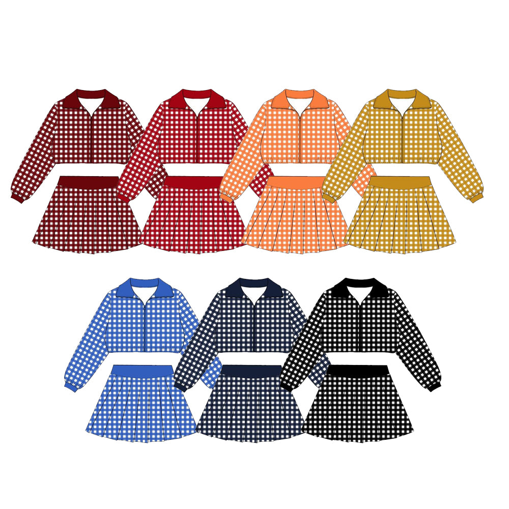 (Preorder new) No moq Yoga Baby Girls Checked Zip Jacket Top Pleated Skirt Yoga Active Clothes Set