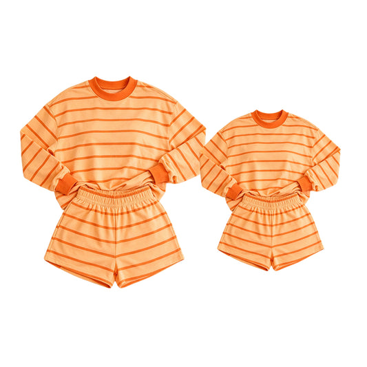 (Preorder new) No moq Yoga Kids And Adult Orange Striped Shirt Top And Short Yoga Active Set