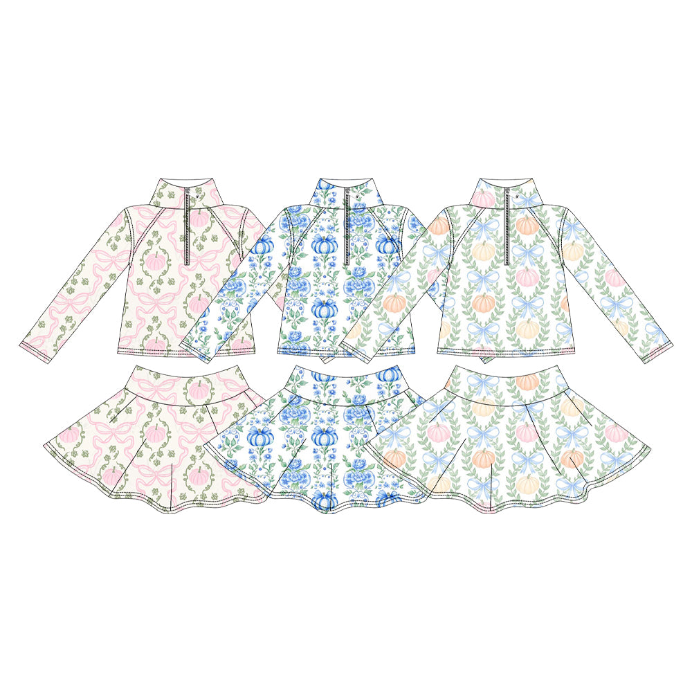 (Pre Order) No moq yoga fabric Baby Girls Pumpkin Bow Printed Halloween Long Sleeve Top Short Skirt Active Wear Set