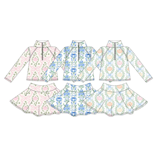 (Pre Order) No moq yoga fabric Baby Girls Pumpkin Bow Printed Halloween Long Sleeve Top Short Skirt Active Wear Set