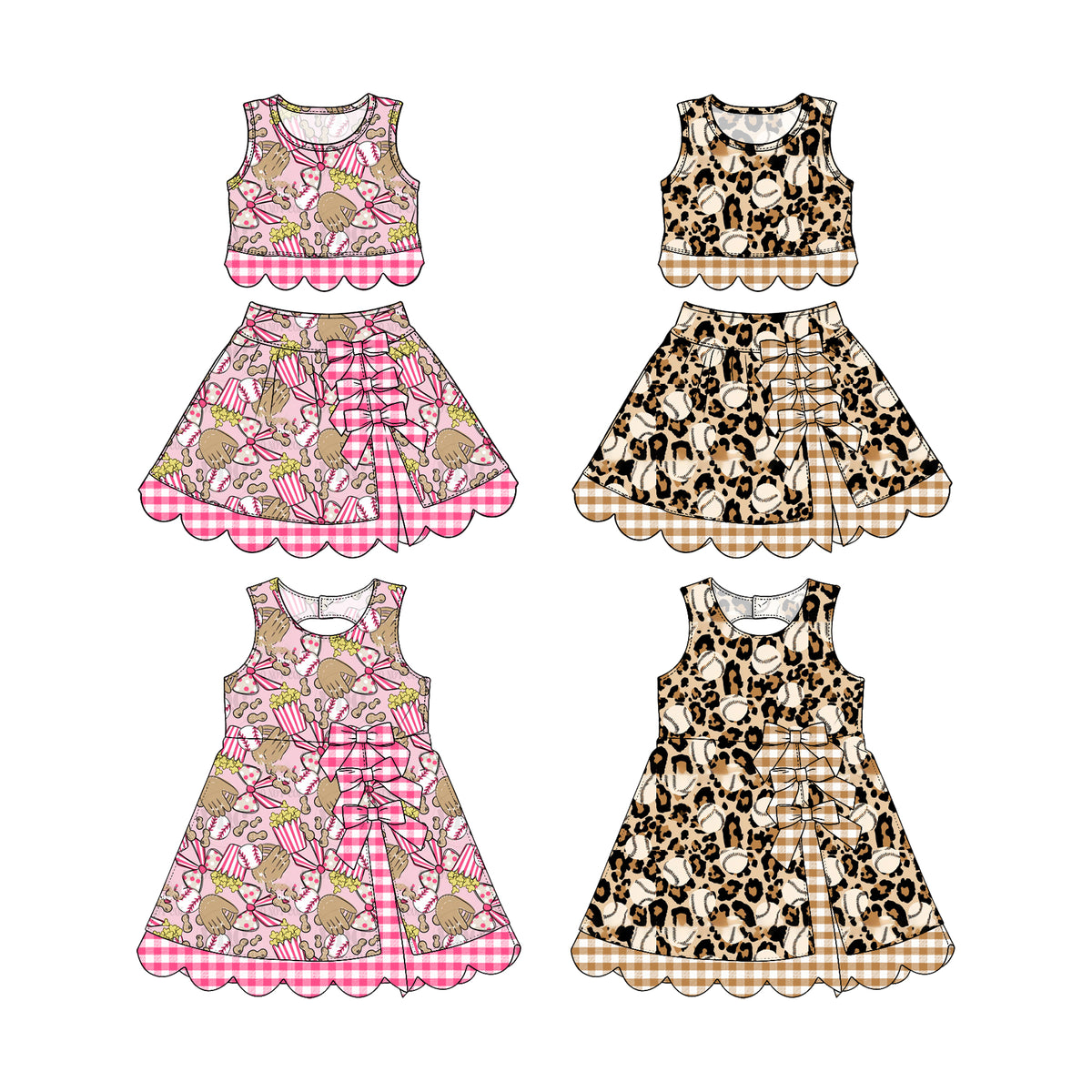 (Preorder new) No moq Baby Girls Sleeveless Popcorn Leopard Print Scalloped Hem Two Piece Skirt Set And Dress