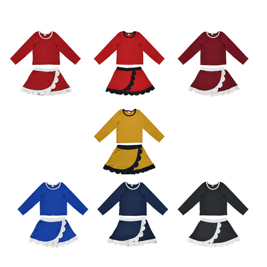 (Preorder new) No moq Yoga Baby Girls Solid Long Sleeve Crew Neck Top And Scallop Wrap Skirt Set