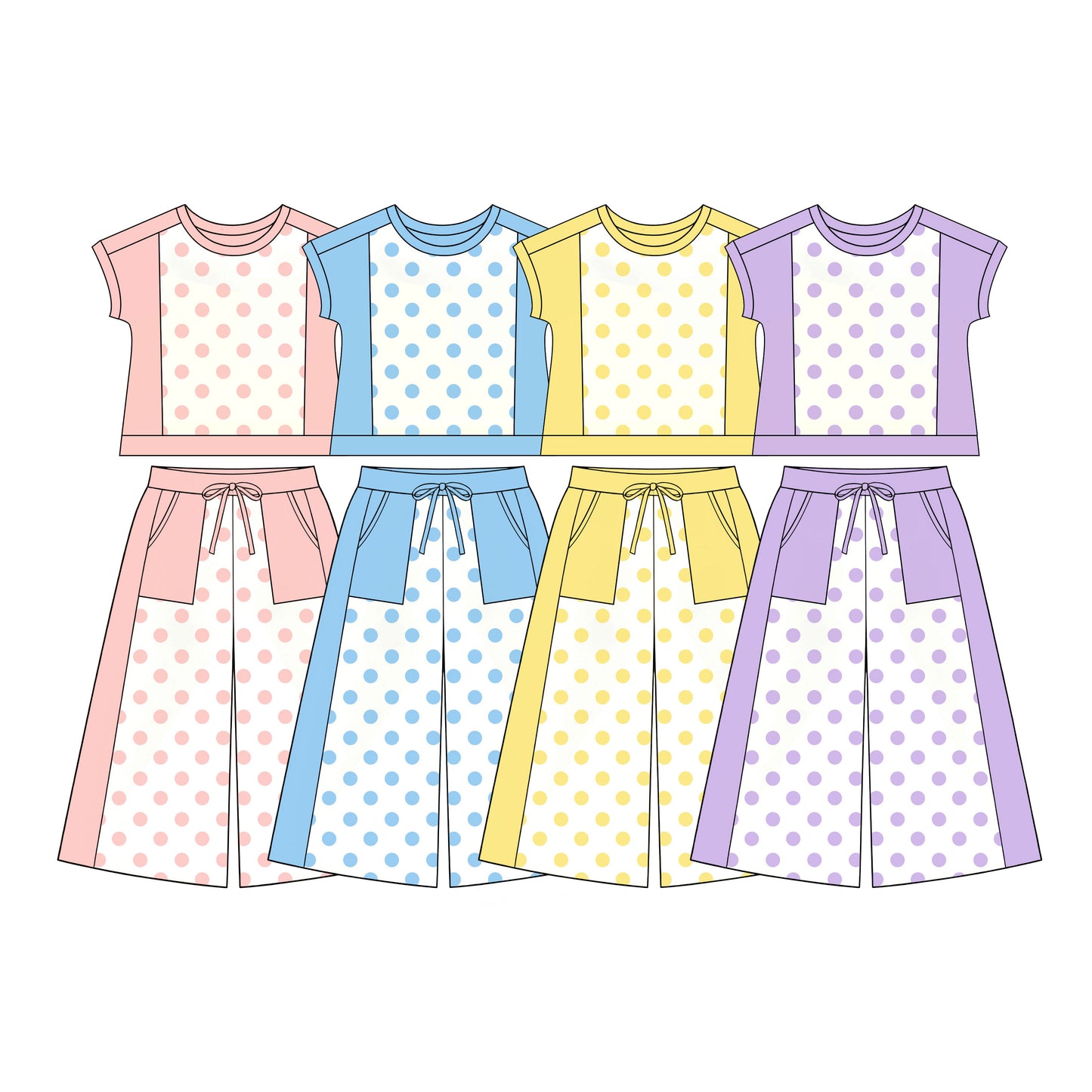 (Preorder new) No moq Yoga Baby Girls Peach Polka Dots Print Top With Pockets Flare Pant Two Piece Clothes Sets