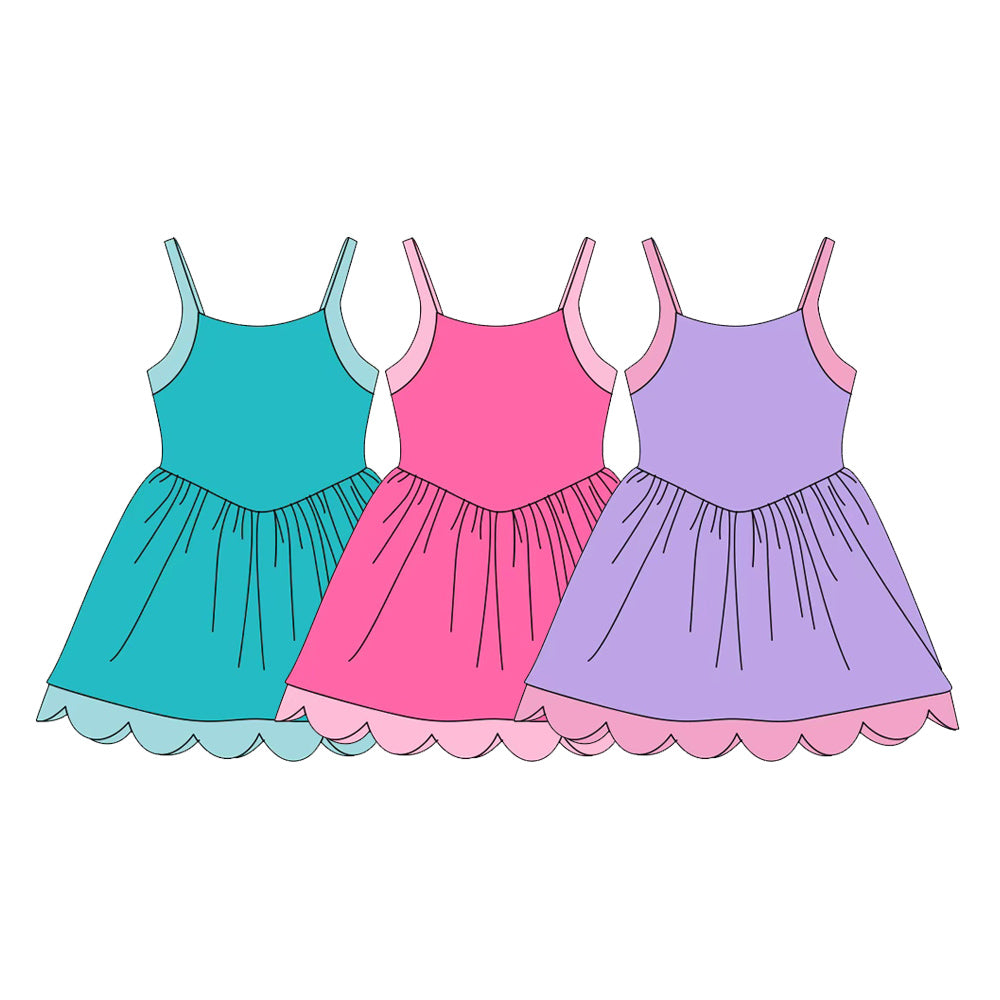 (Preorder new) No moq Yoga Toddler Girls Solid Strap Yoga Active Scallop Knee Length Dress