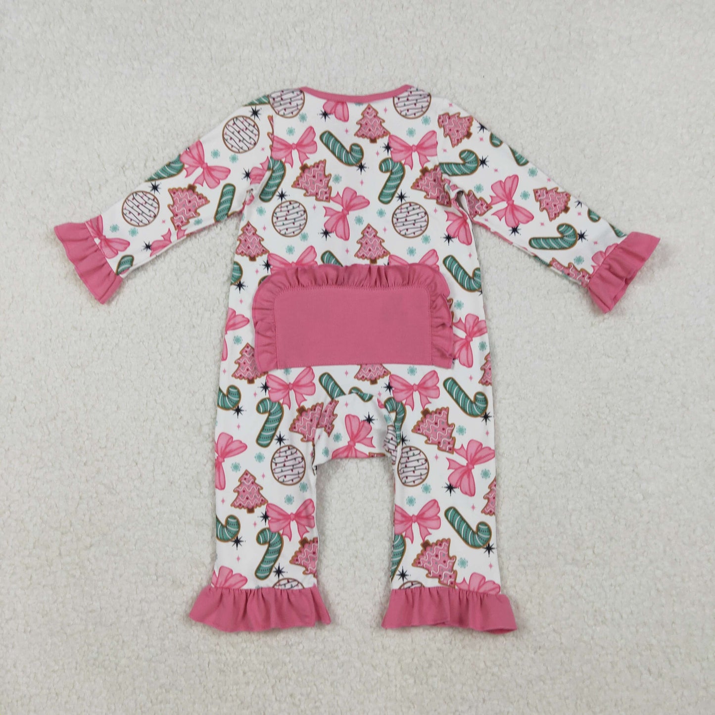 RTS NO MOQ（In Stock) LR2486 Pink lace and white long-sleeved bodysuit with bow pattern, candy cane, and Christmas tree