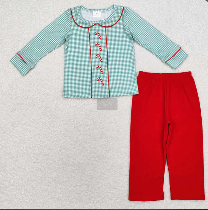 Deadline September 8 custom no moq eta 6-8weeks Green Plaid Doll Collar Christmas Cane Long Sleeve Suit