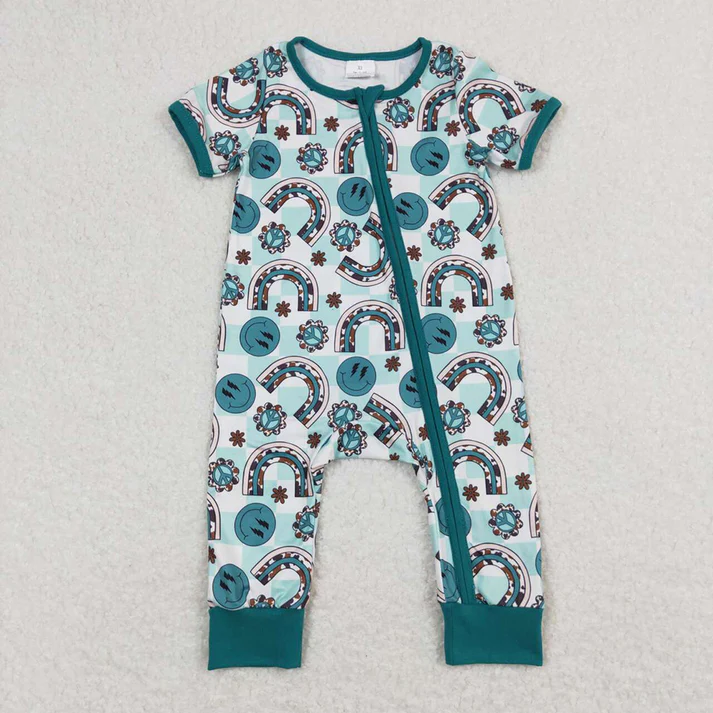 RTS NO MOQ Baby kids green smiley face U-shaped plaid overalls-short-sleeved zipper romper
