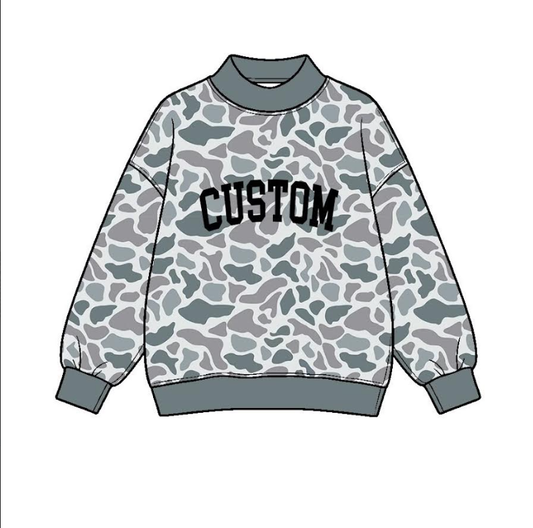 custom moq 5 mix size SYAN0102 High Neck Adult To Match Kids Camo Crew Neck Letter Print Long Sleeve Pullover Sweatshirt
