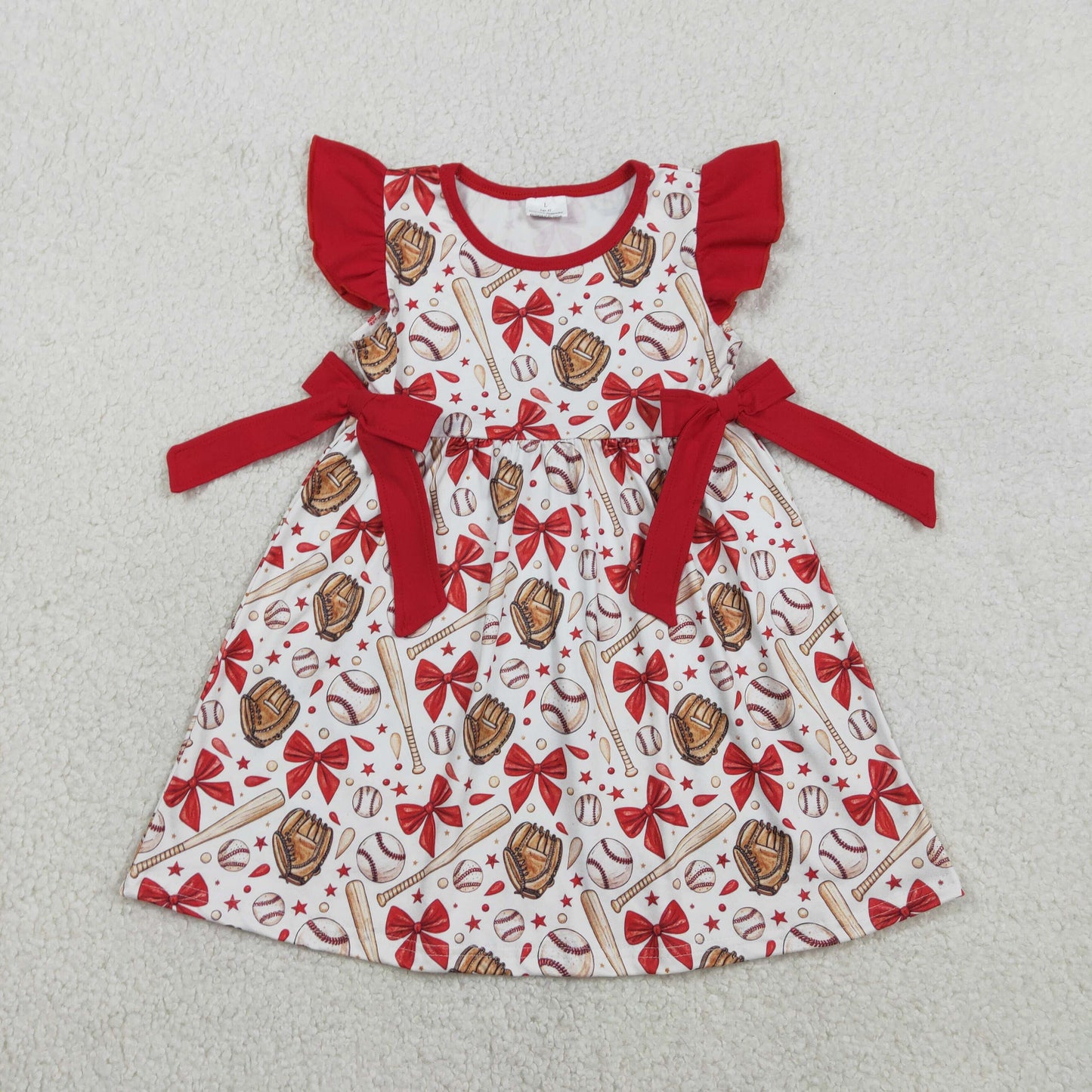 RTS NO MOQ（In Stock ) GSD3455 Red bow-patterned baseball glove, white flutter-sleeved dress