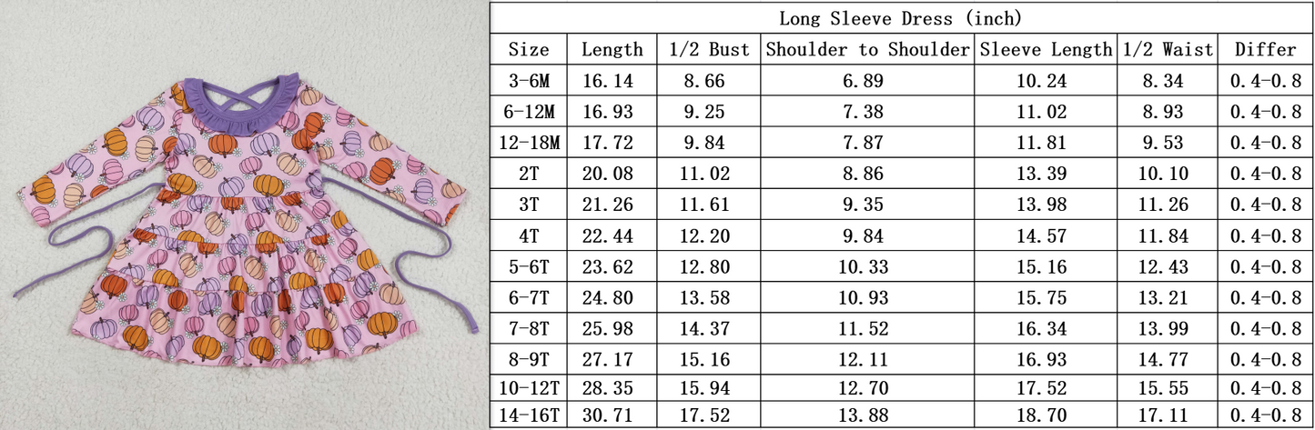 RTS NO MOQ（In Stock) GLD1032 Pumpkin Blossom Purple Lace Belt Long-Sleeved Pink Dress