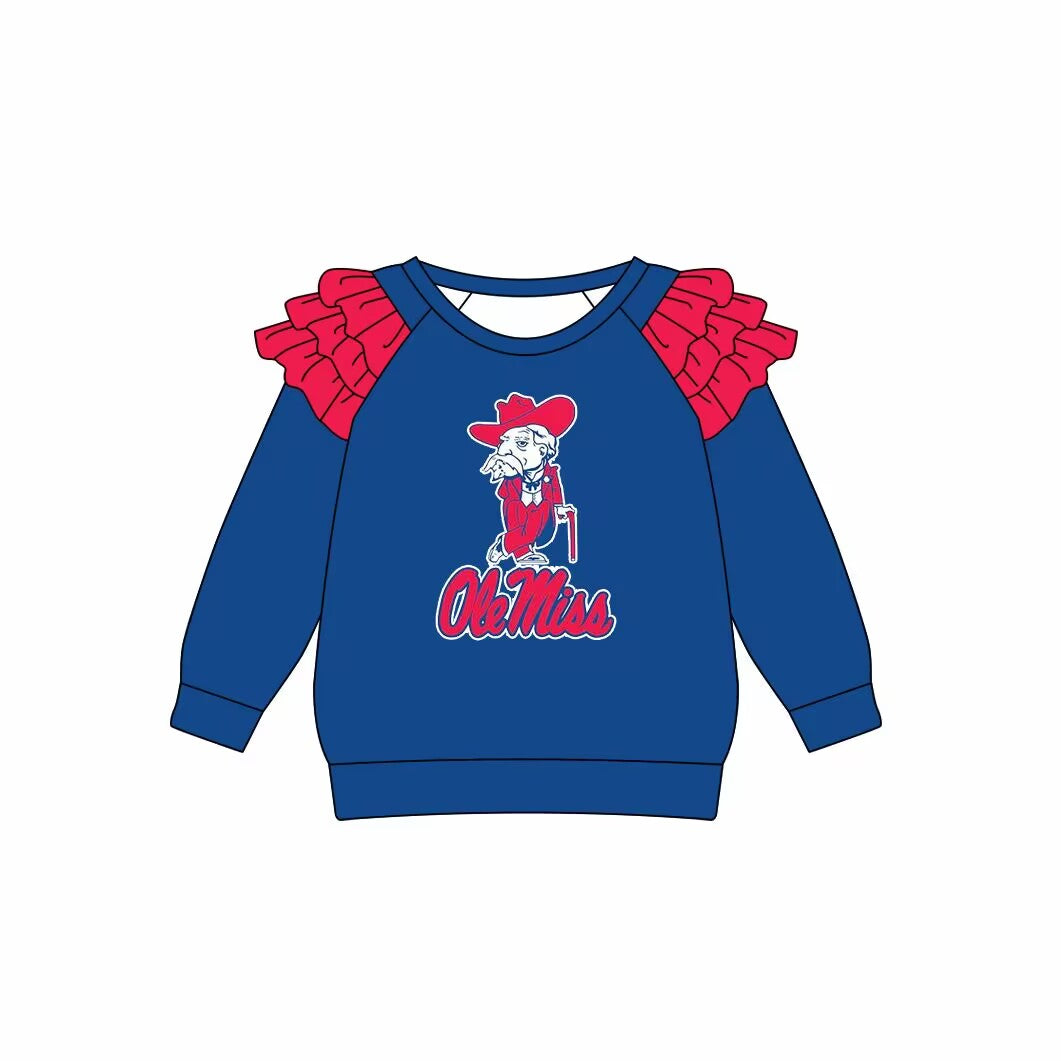 Custom moq 3 eta 6-7weeks team baby girls clothes OLE blue long sleeve top