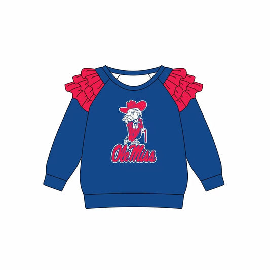 Custom moq 3 eta 6-7weeks team baby girls clothes OLE blue long sleeve top