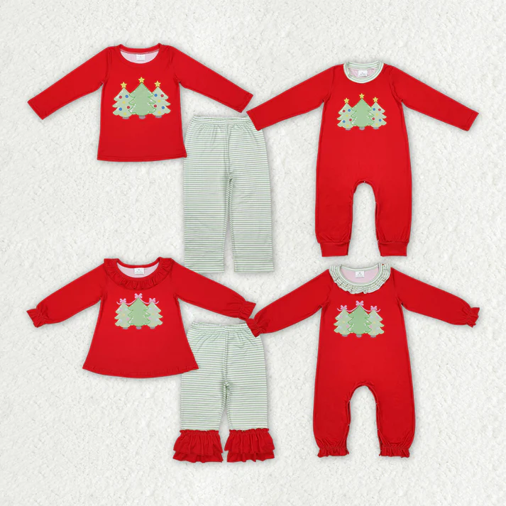 RTS NO MOQ Lighted Christmas Tree Pattern Red Romper & Long Sleeve Pants Set for Infant Boys and Girls