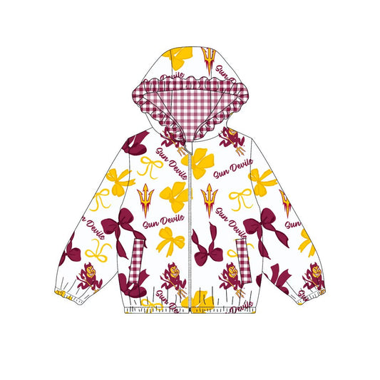 Custom moq 8 mix size milk silk summer team baby girls clothes bow brick red and yellow hooded long sleeve top-25.9.27