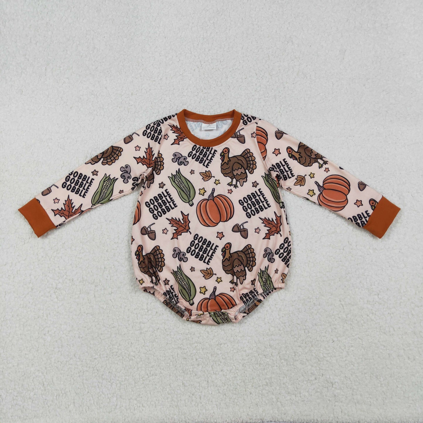 RTS NO MOQ（In Stock) LR2447 Gobble turkey, corn, and pumpkin long-sleeved bodysuit