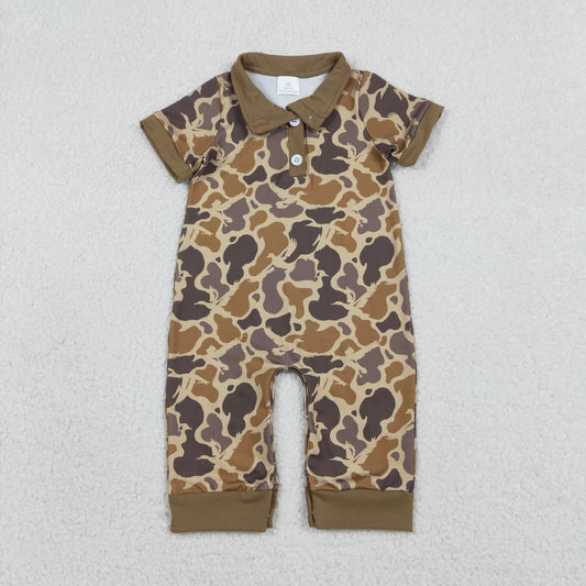 RTS NO MOQ（In Stock ) SR3638 Gray-brown camouflage button-down collar short-sleeved jumpsuit
