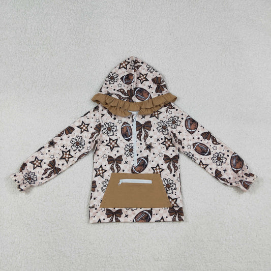 RTS NO MOQ（In Stock) GT1152 Brown plaid hooded long-sleeved top with a star and bow pattern and zipper pockets
