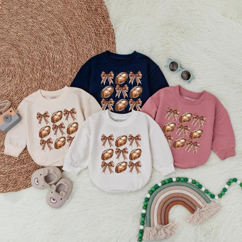 Custom moq 5 each style eta 6-7weeks baby girl clothes team rugby bow long sleeve romper 4-25.7.26