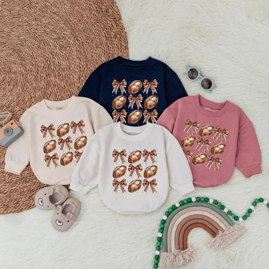 Custom moq 5 each style eta 6-7weeks baby girl clothes team rugby bow long sleeve romper 4-25.7.26