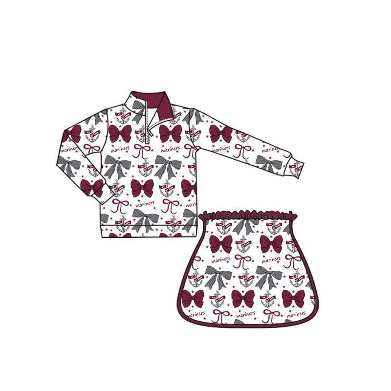 Custom moq 5 mix size milk silk summer teams baby girls clothes team bow brick red long sleeve skirts sets-25.8.22