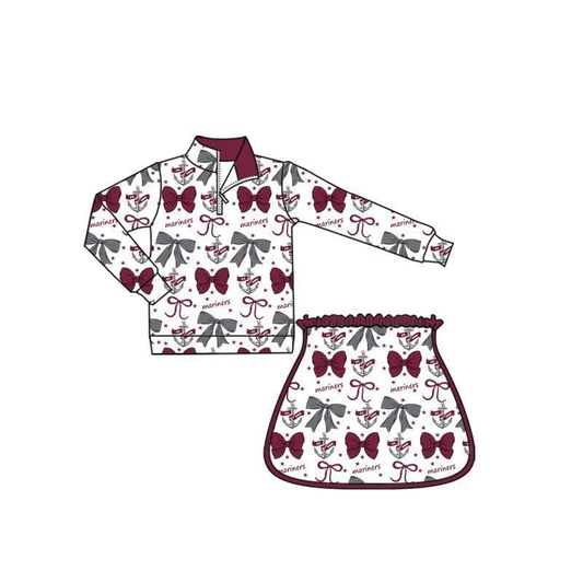Custom moq 5 mix size milk silk summer teams baby girls clothes team bow brick red long sleeve skirts sets-25.8.22