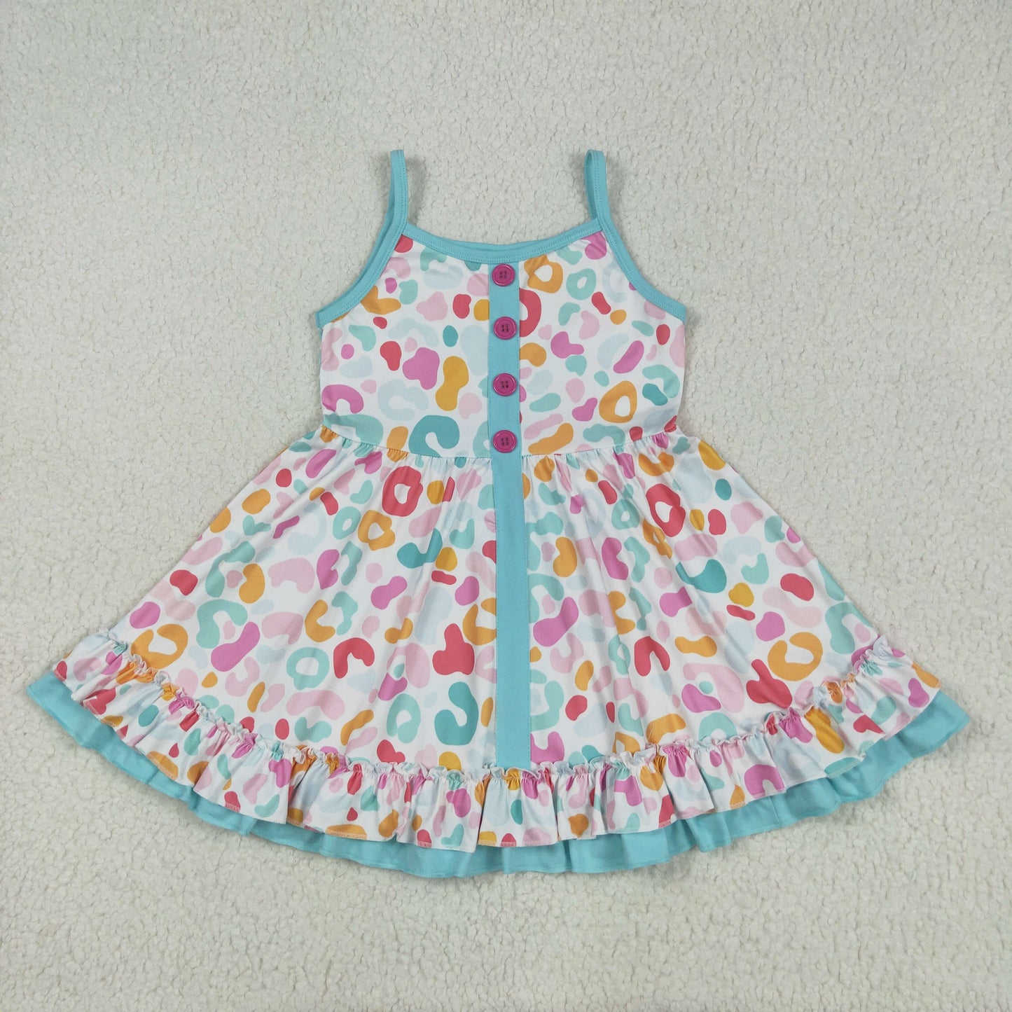 RTS NO MOQ GSD2452 Colorful leopard print pink button blue lace suspender dress
