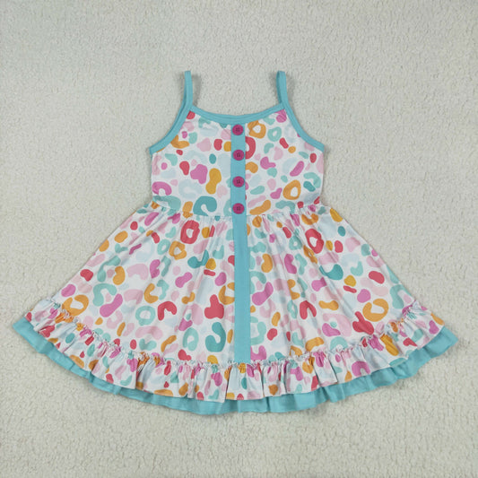 RTS NO MOQ GSD2452 Colorful leopard print pink button blue lace suspender dress