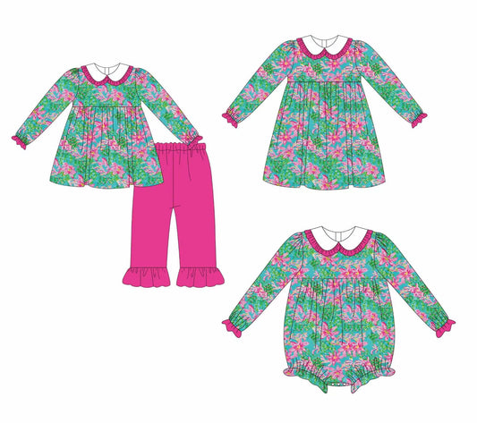 Custom moq 5 each style eta 6-7weeks baby girl clothes floral long sleeve pants sets and romper and dress -25.8.28