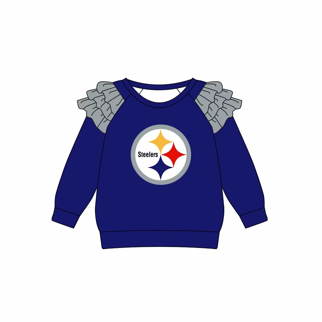 Custom moq 3 eta 6-7weeks team baby girls clothes blue long sleeve top
