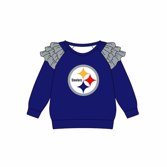Custom moq 3 eta 6-7weeks team baby girls clothes blue long sleeve top